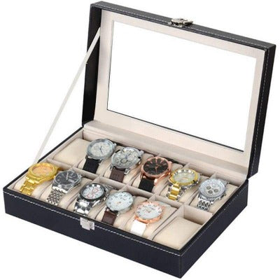 Boîte à montre en similicuir noir & beige 12 emplacements Limenia™